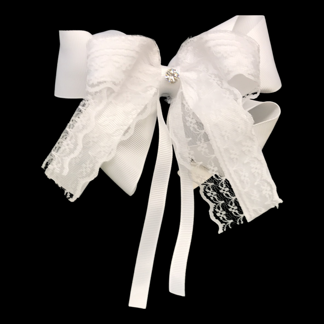 WHITE CORD & LACE RIBBON BOW W/ TAILS (roughly 6in)